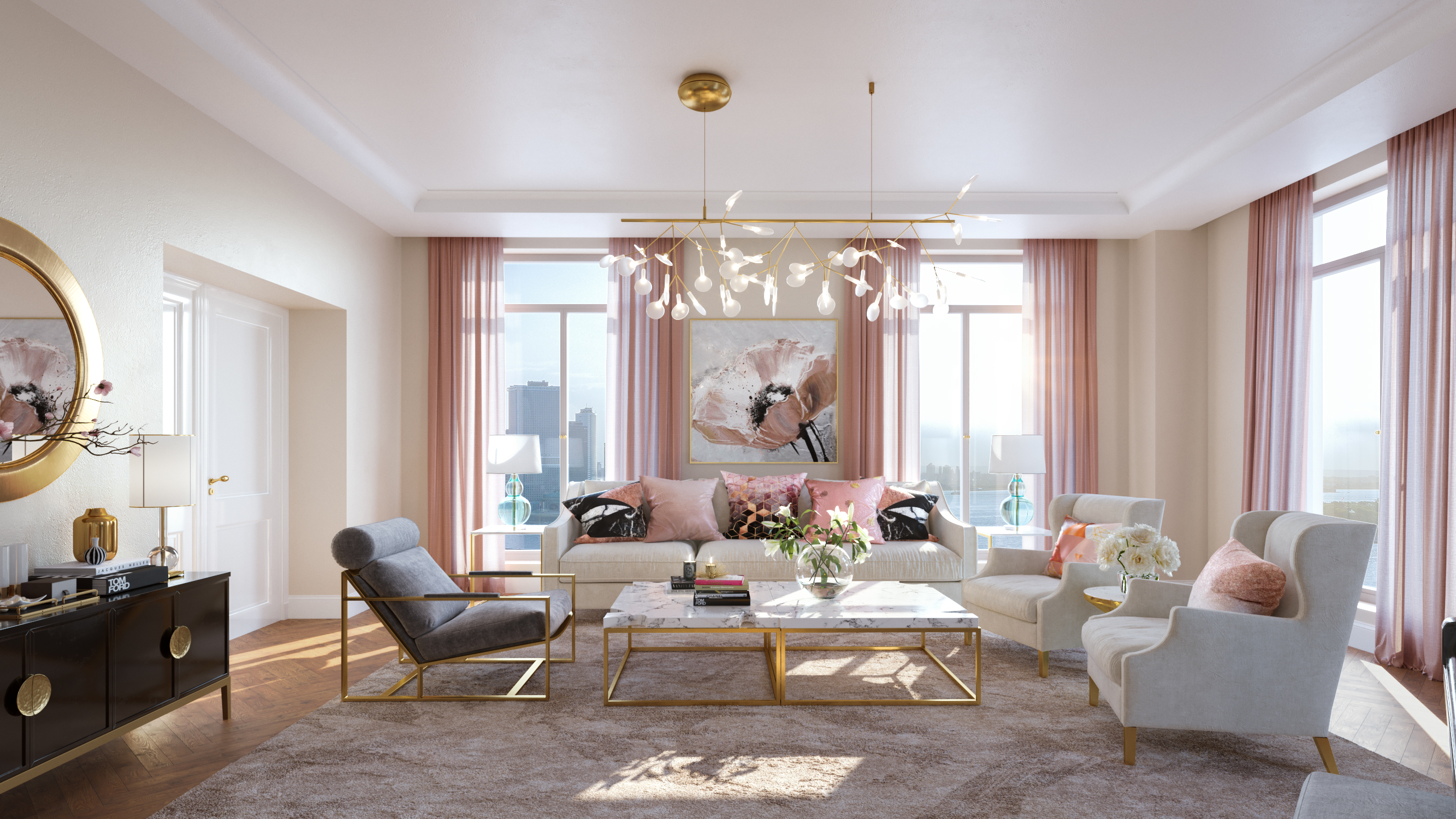 rosegold and green living room