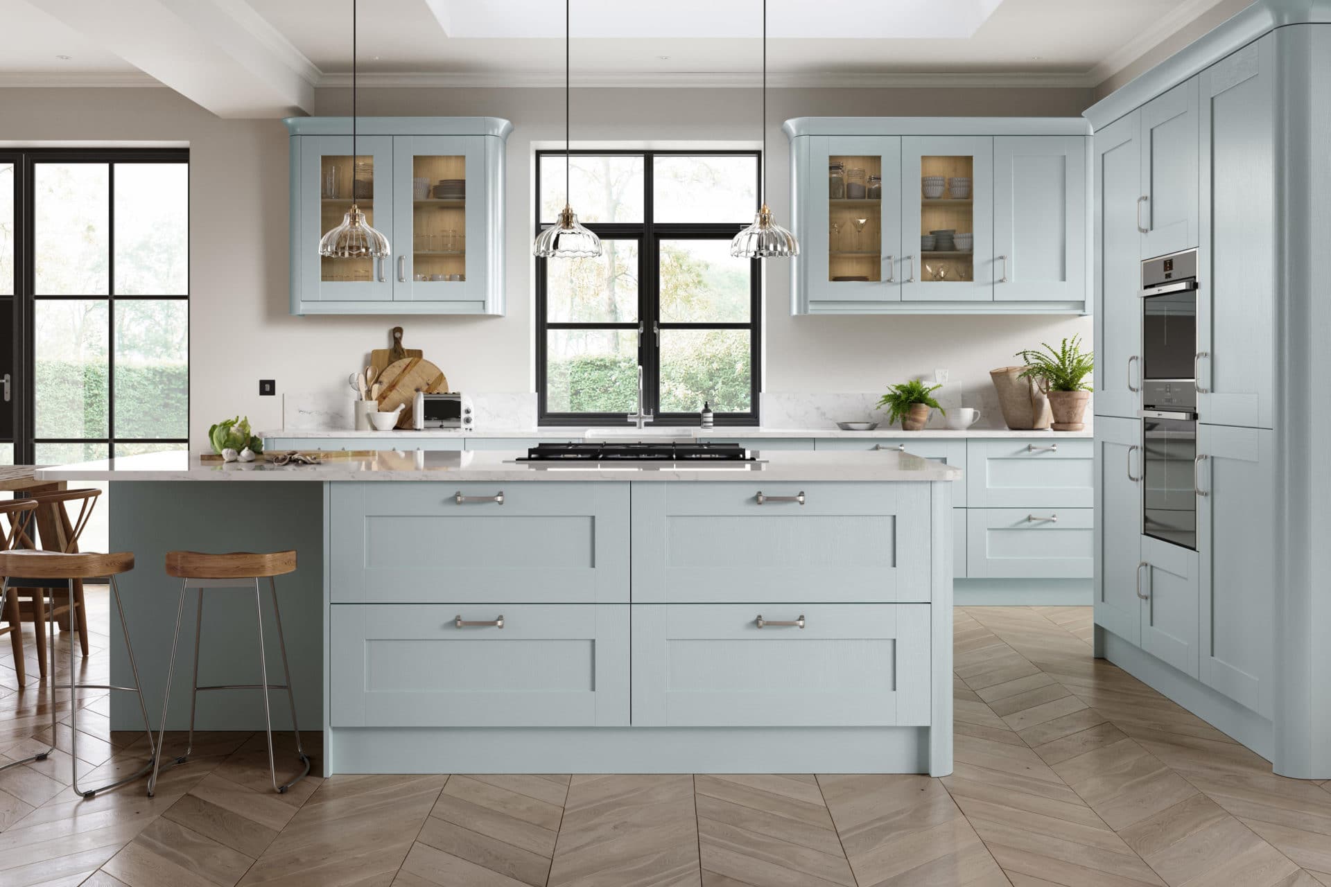 duck egg blue wall with cream kitchen